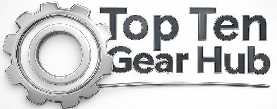 op Ten Gear Hub logo: modern text with gear icon, for tech and gear review site.