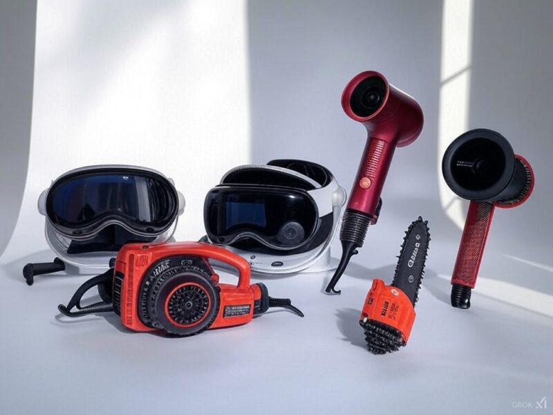 High-end gear assortment: Apple Vision Pro, Thermomix TM6, Dyson dryer, Milwaukee chainsaw, Garmin dash cam on white studio background for Top Ten Gear Hub.