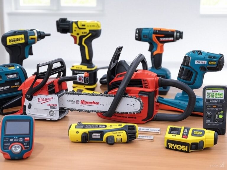 Top tool gear picks for DIY pros: Milwaukee chainsaw, DeWalt drill, and more on white studio background for Top Ten Gear Hub