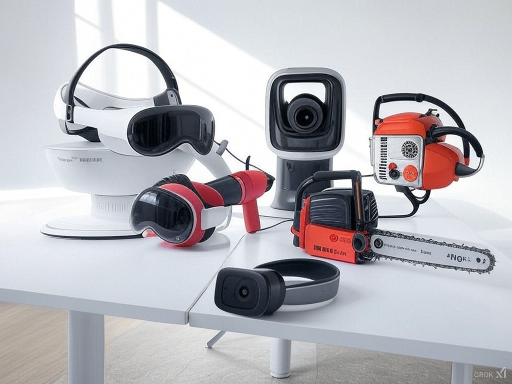 High-end gear assortment: Apple Vision Pro, Thermomix TM6, Dyson dryer, Milwaukee chainsaw, Garmin dash cam on white studio background for Top Ten Gear Hub.